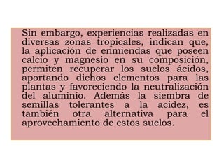 Sin embargo, experiencias realizadas en
diversas zonas tropicales, indican que,
la aplicación de enmiendas que poseen
calcio y magnesio en su composición,
permiten recuperar los suelos ácidos,
aportando dichos elementos para las
plantas y favoreciendo la neutralización
del aluminio. Además la siembra de
semillas tolerantes a la acidez, es
también otra alternativa para el
aprovechamiento de estos suelos.
 
