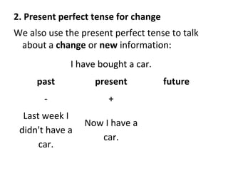 2. Present perfect tense for change
We also use the present perfect tense to talk
about a change or new information:
I have bought a car.
past

present

-

+

Last week I
didn't have a
car.

Now I have a
car.

future

 