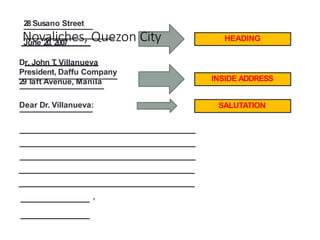 ’
HEADING
28 Susano Street
Novaliches, Quezon City
June 20, 2007
Dr. John T
. Villanueva
President, Daffu Company
29T
aft Avenue, Manila INSIDE ADDRESS
Dear Dr. Villanueva: SALUTATION
 