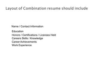 Name / Contact Information
Education
Honors / Certifications / Licenses Held
Careers Skills / Knowledge
Career Achievements
Work Experience
 