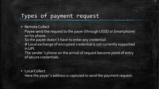 Types of payment request
▪ RemoteCollect
Payee send the request to the payer (throughUSSD or Smartphone)
on his phone.
So the payee doesn`t have to enter any credential.
# Local exchange of encrypted credential is not currently supported
inUPI.
The sender`s phone on the arrival of request become point of entry
of secure credentials.
▪ LocalCollect
Here the payer`s address is captured to send the payment request.
 
