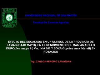 UNIVERSIDAD NACIONAL DE SAN MARTÍN
Facultad De Ciencias Agrarias
EFECTO DEL ENCALADO EN UN ULTISOL DE LA PROVINCIA DE
LAMAS (BAJO MAYO), EN EL RENDIMIENTO DEL MAIZ AMARILLO
DURO(Zea mays L.) Var. INIA 602 Y SOYA(Glycine max Merril) EN
ROTACION
Ing. CARLOS RENGIFO SAAVEDRA
 