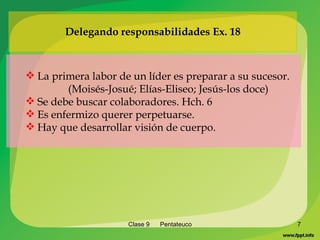 Delegando responsabilidades Ex. 18 Clase 9  Pentateuco La primera labor de un líder es preparar a su sucesor. (Moisés-Josué; Elías-Eliseo; Jesús-los doce) Se debe buscar colaboradores. Hch. 6  Es enfermizo querer perpetuarse. Hay que desarrollar visión de cuerpo. 