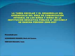 LA TAREA ESCOLAR Y EL DESARROLLO DEL APRENDIZAJE DEL ÁREA DE COMUNICACIÓN INTEGRAL DE LOS NIÑOS Y NIÑAS DE LA INSTITUCIÓN EDUCATIVA PÚBLICA N°  38015/MX-P DE RANCHA PERIODO 2006-2007 Presentado por: ACHAHUANCO HUAMÁN, María del Carmen. HURTADO DELGADO, Tania 