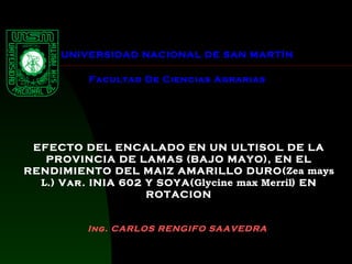 UNIVERSIDAD NACIONAL DE SAN MARTÍN  Facultad De Ciencias Agrarias     EFECTO DEL ENCALADO EN UN ULTISOL DE LA PROVINCIA DE LAMAS (BAJO MAYO), EN EL RENDIMIENTO DEL MAIZ AMARILLO DURO( Zea mays L .) Var. INIA 602 Y SOYA( Glycine max Merril ) EN ROTACION   Ing. CARLOS RENGIFO SAAVEDRA  