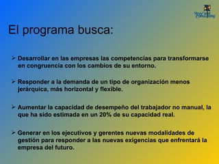 Desarrollar en las empresas las competencias para transformarse  en congruencia con los cambios de su entorno.  Responder a la demanda de un tipo de organización menos  jerárquica, más horizontal y flexible.  Aumentar la capacidad de desempeño del trabajador no manual, la  que ha sido estimada en un 20% de su capacidad real. Generar en los ejecutivos y gerentes nuevas modalidades de  gestión para responder a las nuevas exigencias que enfrentará la  empresa del futuro. El programa busca: 