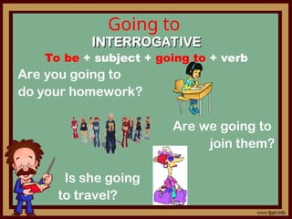 Going to
INTERROGATIVE
INTERROGATIVE
To be + subject + going to + verb
Are you going to
do your homework?
Are we going to
join them?
Is she going
to travel?
 