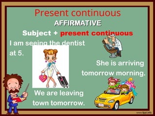 Present continuous
AFFIRMATIVE
AFFIRMATIVE
Subject + present continuous
I am seeing the dentist
at 5.
She is arriving
tomorrow morning.
We are leaving
town tomorrow.
 