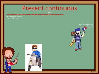 Present continuous
USE
USE
Arrangements (plan that you have decided and organised with another person).
I’m visiting my cousin
in Paris this weekend.
He's picking me up
at the airport.
 