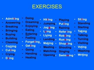 EXERCISES
• Admitting
• Answering
• Breaking
• Bringing
• Buying
• Building
• Cleaning
• Coming
• Cutting
• Crying
• Dying
• Doing
• Dreaming
• Enjoying
• Eating
• Entering
• Feeling
• Forgetting
• Getting
• Going
• Handing
• Heating
• Hitting
• Jumping
• Jogging
• Lying
• Living
• Lending
• Making
• Meeting
• Matching
• Opening
• Playing
• Putting
• Raining
• Referring
• Robbing
• Running
• Shopping
• Shouting
• Singing
• Swimming
• Sitting
• Standing
• Starting
• Taking
• Talking
• Turning
• Visiting
• Voting
• Washing
• Writing
 