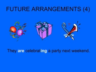 FUTURE ARRANGEMENTS (4)
They are celebrating a party next weekend.
 