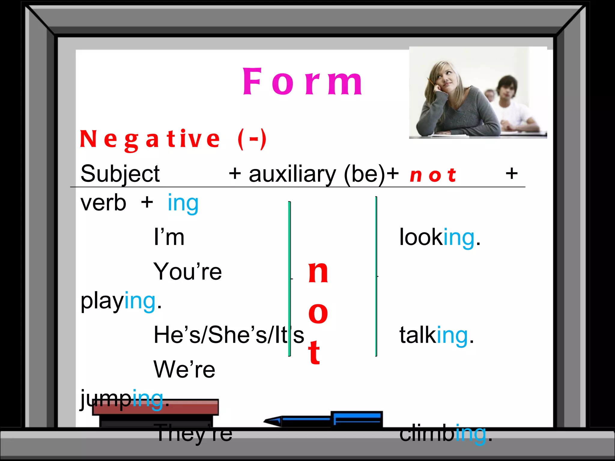Form Negative (-) Subject   + auxiliary (be)+  not  +  verb  +  ing I’m look ing . You’re play ing . He’s/She’s/It’s  talk ing . We’re jump ing . They’re climb ing . not 