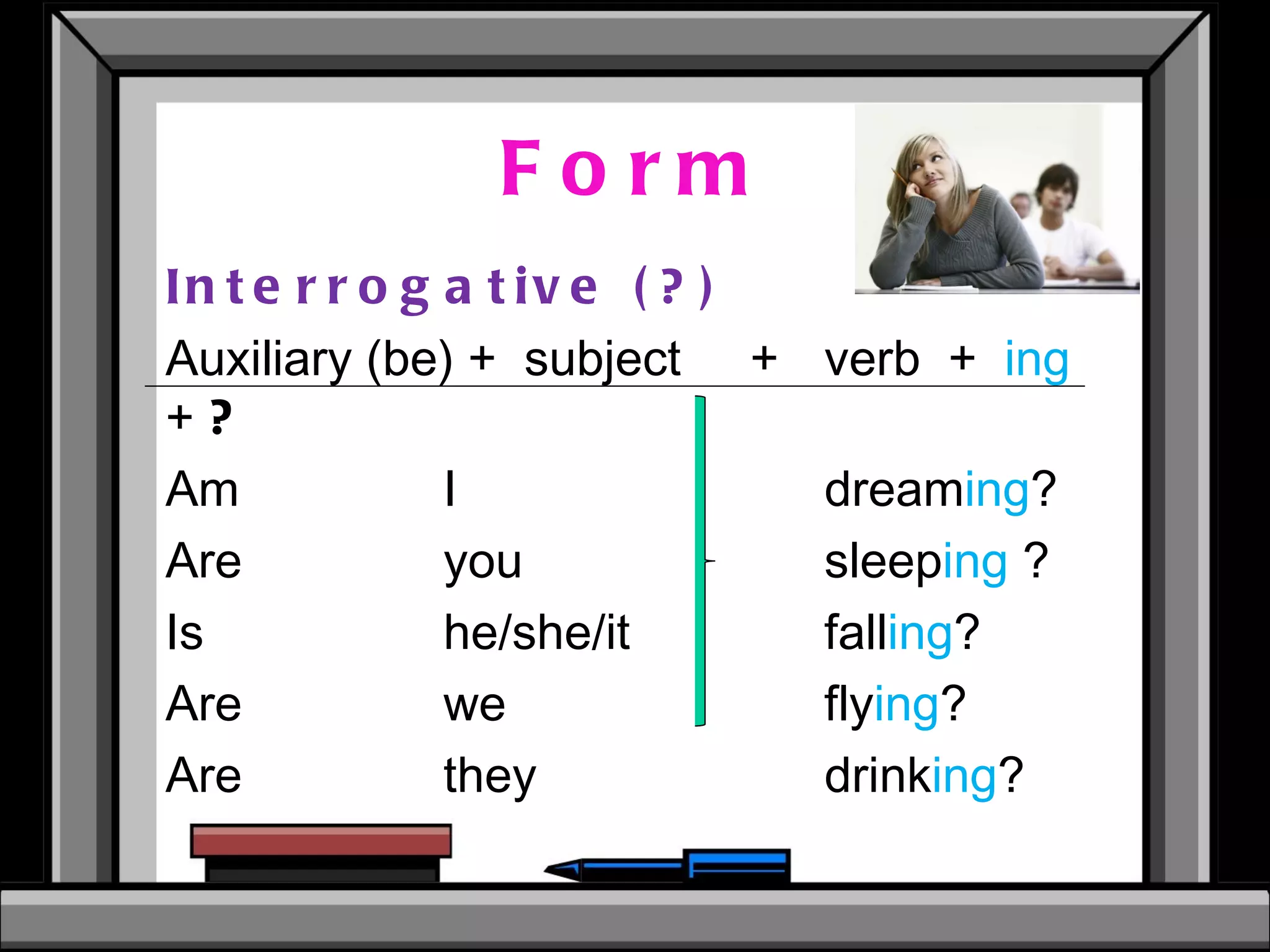 Form Interrogative (?) Auxiliary (be) +  subject  +  verb  +  ing   +  ? Am  I dream ing ? Are  you sleep ing  ? Is  he/she/it  fall ing ? Are we fly ing ? Are they drink ing ? 