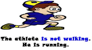 The athlete is not walking.
He is running.
 