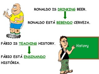 RONALDO IS  DRINKING  BEER. RONALDO ESTÁ  BEBENDO  CERVEJA.  FÁBIO IS  TEACHING  HISTORY. FÁBIO ESTÁ  ENSINANDO HISTÓRIA.  