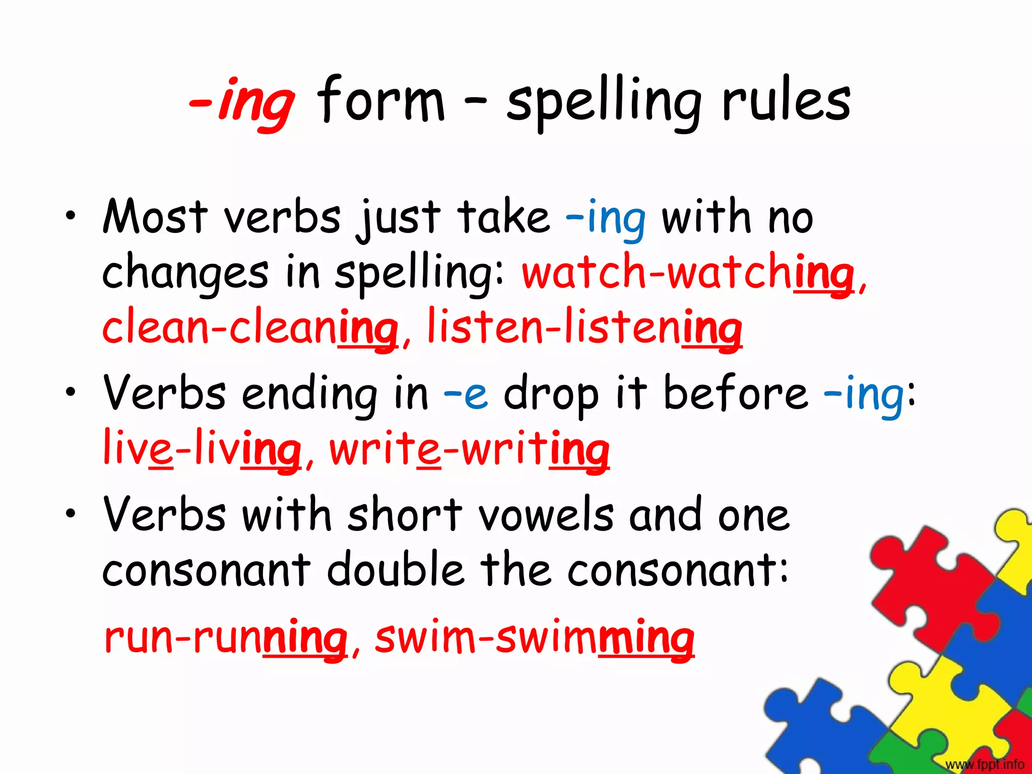 -ing form – spelling rules
• Most verbs just take –ing with no
  changes in spelling: watch-watching,
  clean-cleaning, listen-listening
• Verbs ending in –e drop it before –ing:
  live-living, write-writing
• Verbs with short vowels and one
  consonant double the consonant:
  run-running, swim-swimming
 