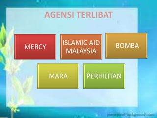AGENSI TERLIBAT
MERCY
ISLAMIC AID
MALAYSIA
BOMBA
MARA PERHILITAN
 
