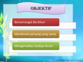 OBJEKTIF
Bersemangat Berdikari
Menikmati peluang yang sama
Mengamalkan budaya Ikram
OBJEKTIF
 