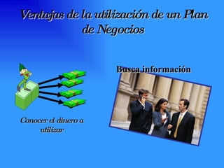 Ventajas de la utilización de un Plan de Negocios Busca información Conocer el dinero a utilizar