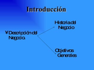 Introducción Descripción del Negocio. Historia del Negocio Objetivos Generales