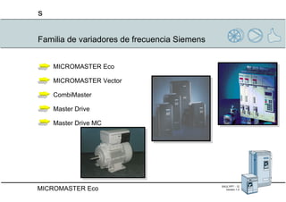 Familia de variadores de frecuencia Siemens MICROMASTER Eco  MICROMASTER Vector CombiMaster Master Drive Master Drive MC 