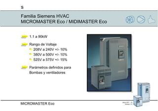 Familia Siemens HVAC MICROMASTER Eco / MIDIMASTER Eco 1.1 a 90kW  Rango de Voltaje 208V a 240V +/- 10% 380V a 500V +/- 10% 525V a 575V +/- 15% Parámetros definidos para Bombas y ventiladores 