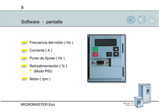 Software  -  pantalla Frecuencia del motor ( Hz )  Corriente ( A ) Punto de Ajuste ( Hz ) Retroalimentación ( % ) (Modo PID)  Motor ( rpm ) 