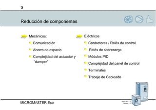 Reducción de componentes Mecánicos: Comunicación Ahorro de espacio Complejidad del actuador y  “ damper” Eléctricos Contactores / Relés de control Relés de sobrecarga  Módulos PID Complejidad del panel de control Terminales  Trabajo de Cableado 