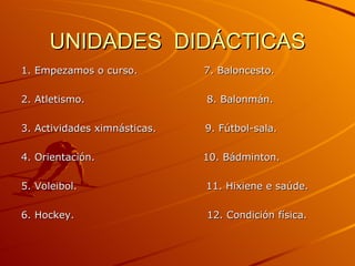 UNIDADES  DIDÁCTICAS 1. Empezamos o curso.  7. Baloncesto. 2. Atletismo.  8. Balonmán. 3. Actividades ximnásticas.  9. Fútbol-sala. 4. Orientación.  10. Bádminton. 5. Voleibol.  11. Hixiene e saúde. 6. Hockey.  12. Condición física. 