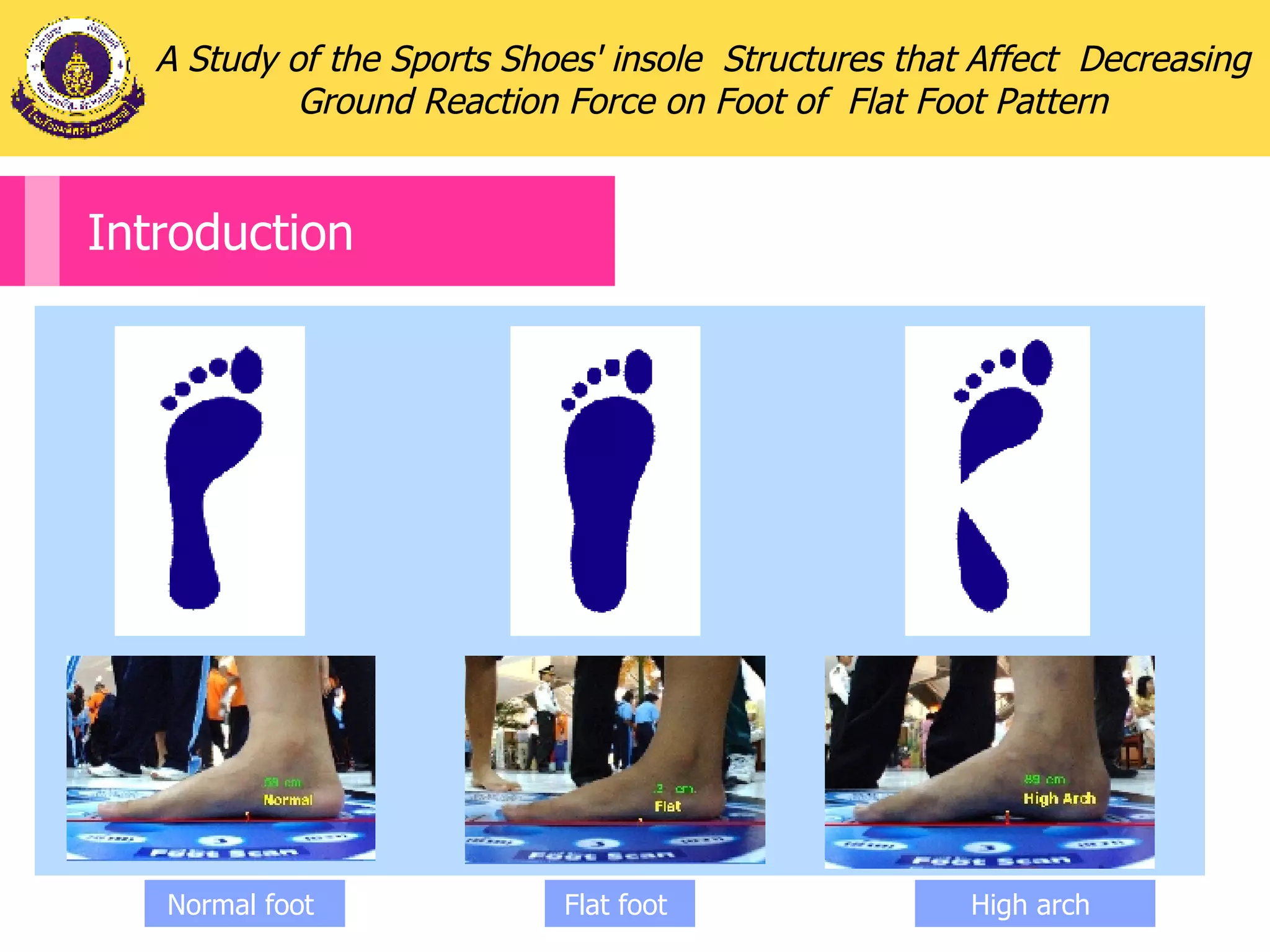 Normal foot  Flat foot  High arch  A Study of the Sports Shoes' insole  Structures that Affect  Decreasing Ground Reaction Force on Foot of  Flat Foot Pattern Introduction 