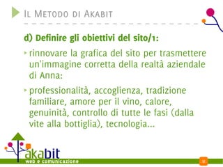 Il Metodo di Akabit

d) Definire gli obiettivi del sito/1:
 rinnovare la grafica del sito per trasmettere
 un'immagine corretta della realtà aziendale
 di Anna:
 professionalità, accoglienza, tradizione
 familiare, amore per il vino, calore,
 genuinità, controllo di tutte le fasi (dalla
 vite alla bottiglia), tecnologia...


                                             12
 
