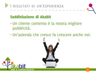 I risultati di un'esperienza

Soddisfazione di Akabit
 Un cliente contento è la nostra migliore
 pubblicità.
 Un'azienda che cresce fa crescere anche noi.




                                          21
 