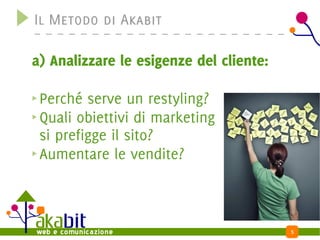 Il Metodo di Akabit

a) Analizzare le esigenze del cliente:

 Perché serve un restyling?
 Quali obiettivi di marketing
 si prefigge il sito?
 Aumentare le vendite?



                                         5
 
