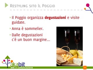 Restyling sito Il Poggio

Il Poggio organizza degustazioni e visite
guidate.
Anna è sommelier.
Dalle degustazioni
c'è un buon margine...




                                            9
 