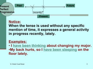 Future Past Present (recently) Present  Perfect  Progressive Notice:   When the tense is used without any specific mention of time, it expresses a general activity in progress recently, lately. Examples: I  have been thinking  about changing my major. My back hurts, so I  have been sleeping  on the floor lately. 