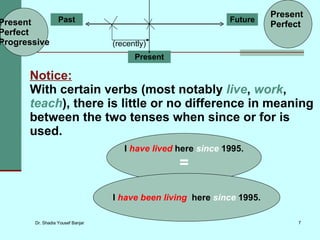Future Past Present (recently) Present  Perfect  Progressive Notice:   With certain verbs (most notably  live ,  work ,  teach ), there is little or no difference in meaning between the two tenses when since or for is used. Present  Perfect  I  have lived  here  since  1995. = I  have been living   here  since  1995. 