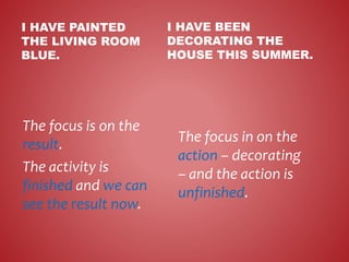 I HAVE PAINTED
THE LIVING ROOM
BLUE.
The focus is on the
result.
The activity is
finished and we can
see the result now.
I HAVE BEEN
DECORATING THE
HOUSE THIS SUMMER.
The focus in on the
action – decorating
– and the action is
unfinished.
 