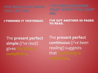 I’VE READ THAT BOOK
YOU LENT ME.
I FINISHED IT YESTERDAY.
The present perfect
simple (I’ve read)
gives the idea of
completion.
I’VE BEEN READING
THAT BOOK YOU LENT
ME.
I’VE GOT ANOTHER 50 PAGES
TO READ.
The present perfect
continuous (I’ve been
reading) suggests
that something is
unfinished.
 