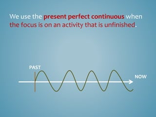 We use the present perfect continuous when
the focus is on an activity that is unfinished.
NOW
PAST
 