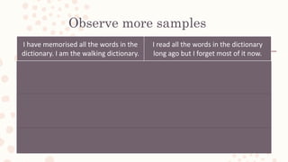 Observe more samples
I have memorised all the words in the
dictionary. I am the walking dictionary.
I read all the words in the dictionary
long ago but I forget most of it now.
I visited the museum again last
December. This means I have visited the
museum for 3 times.
I visited the museum in December. It
was such a lovely time.
Who has that money? It has been there
since last month. It has not been
claimed since
I found some money on the road.
I didn’t know who had it.
Have you gone to the library? It is
awesome.
Did you go home last Sunday? I did.
 