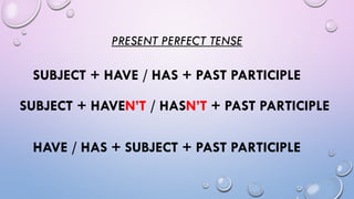 PRESENT PERFECT TENSE
SUBJECT + HAVE / HAS + PAST PARTICIPLE
SUBJECT + HAVEN’T / HASN’T + PAST PARTICIPLE
HAVE / HAS + SUBJECT + PAST PARTICIPLE
 
