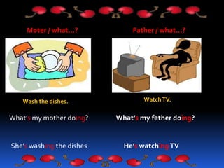 Moter / what…? Father / what…?
Wash the dishes. WatchTV.
What’s my mother doing?
She’s washing the dishes
What’s my father doing?
He’s watchingTV