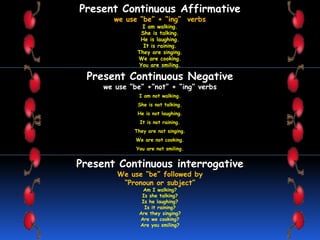 Present Continuous Affirmative
we use “be” + “ing” verbs
I am walking.
She is talking.
He is laughing.
It is raining.
They are singing.
We are cooking.
You are smiling.
Present Continuous Negative
we use “be” +”not” + “ing” verbs
I am not walking.
She is not talking.
He is not laughing.
It is not raining.
They are not singing.
We are not cooking.
You are not smiling.
Present Continuous interrogative
We use “be” followed by
“Pronoun or subject”
Am I walking?
Is she talking?
Is he laughing?
Is it raining?
Are they singing?
Are we cooking?
Are you smiling?