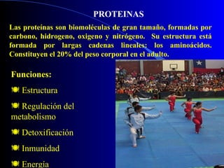 PROTEINAS
Las proteínas son biomoléculas de gran tamaño, formadas por
carbono, hidrogeno, oxigeno y nitrógeno. Su estructura está
formada por largas cadenas lineales: los aminoácidos.
Constituyen el 20% del peso corporal en el adulto.

Funciones:
 Estructura
 Regulación del
metabolismo
 Detoxificación
 Inmunidad
 Energía
 