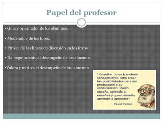 Papel del profesor
• Guía y orientador de los alumnos.
• Moderador de los foros.
• Provee de las líneas de discusión en los foros.
• Da seguimiento al desempeño de los alumnos.
•Valora y motiva el desempeño de los alumnos.
 