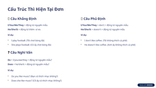 Cấu Trúc Thì Hiện Tại Đơn
✅ Câu Khẳng Định
I/You/We/They + động từ nguyên mẫu
He/She/It + động từ thêm -s/-es
Ví dụ:
• I play football. (Tôi chơi bóng đá)
• She plays football. (Cô ấy chơi bóng đá)
❌ Câu Phủ Định
I/You/We/They + don't + động từ nguyên mẫu
He/She/It + doesn't + động từ nguyên mẫu
Ví dụ:
• I don't like coffee. (Tôi không thích cà phê)
• He doesn't like coffee. (Anh ấy không thích cà phê)
❓ Câu Nghi Vấn
Do + I/you/we/they + động từ nguyên mẫu?
Does + he/she/it + động từ nguyên mẫu?
Ví dụ:
• Do you like music? (Bạn có thích nhạc không?)
• Does she like music? (Cô ấy có thích nhạc không?)
 