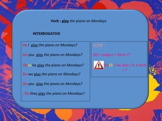 Verb : play the piano on Mondays
INTERROGATIVE
Do I play the piano on Mondays?

FORM :

Do you play the piano on Mondays?

DO + subject + Verb +?

Does he play the piano on Mondays?
Do we play the piano on Mondays?
Do you play the piano on Mondays?
. Do they play the piano on Mondays?

DOES + he /she / it + Verb
+?

 