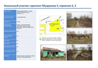 Земельный участок: проспект Музрукова 5, строения 2, 3
Адрес участка Нижегородская область, г.Саров,
проспект Музрукова, дом 5,
строения 2, 3
Кадастровый номер 13:60:0010024:249
Площадь, Га 1,4323
Транспортная
инфраструктура
Рядом с участком проходит
автомобильная дрога, улица
Димитрова, имеющая асфальтовое
покрытие
Электроснабжение, МВт 0,01
Теплоснабжение,
Гкал/сут.
нет
ХВС, м3/сут. нет
ГВС, м3/сут. нет
Водоотведение, м3/сут. нет
Газоснабжение, м3/сут. нет
Описание Здания находятся в работоспособном
состоянии, законсервированы
 