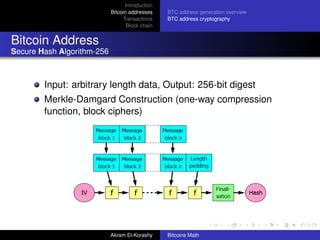 Introduction
                            Bitcoin addresses    BTC address generation overview
                                 Transactions    BTC address cryptography
                                   Block chain


Bitcoin Address
Secure Hash Algorithm-256



        Input: arbitrary length data, Output: 256-bit digest
        Merkle-Damgard Construction (one-way compression
        function, block ciphers)




                            Akram El-Korashy     Bitcoins Math
 