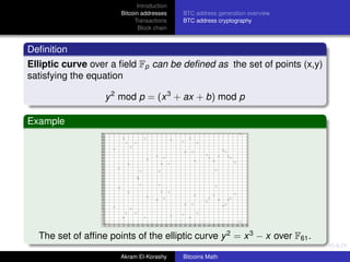 Introduction
                       Bitcoin addresses    BTC address generation overview
                            Transactions    BTC address cryptography
                              Block chain


Deﬁnition
Elliptic curve over a ﬁeld Fp can be deﬁned as the set of points (x,y)
satisfying the equation

                   y 2 mod p = (x 3 + ax + b) mod p

Example




  The set of afﬁne points of the elliptic curve y 2 = x 3 − x over F61 .

                       Akram El-Korashy     Bitcoins Math
 